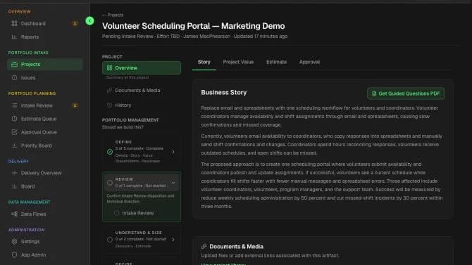 Precision Foundry grouped portfolio workflow for a fictional volunteer scheduling project