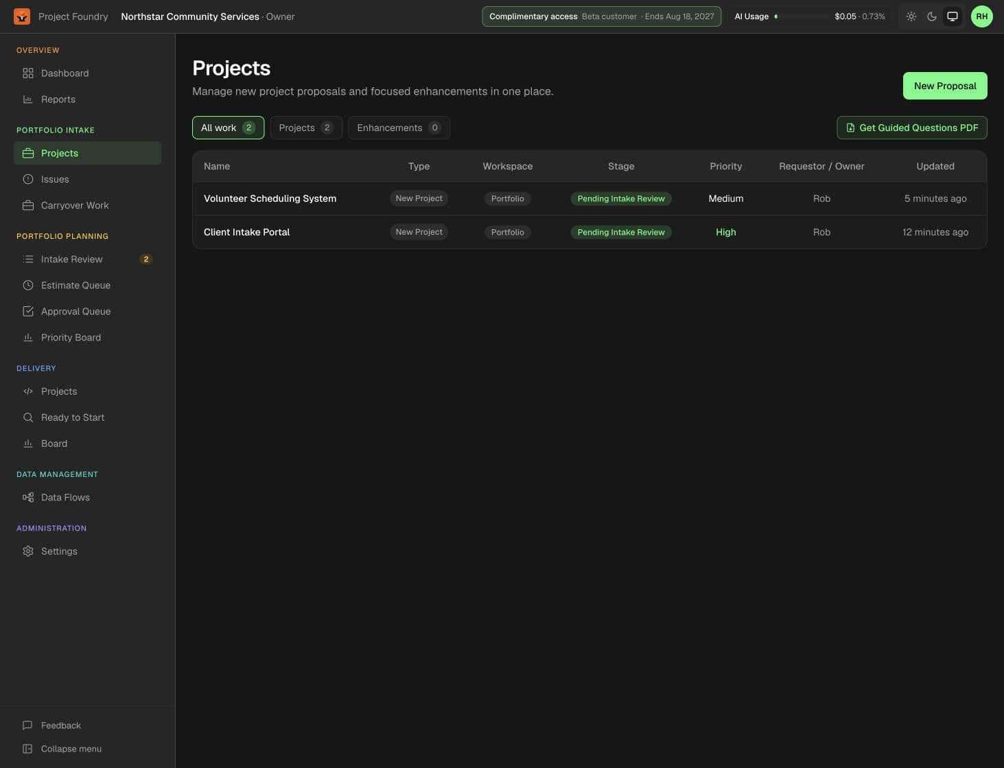 Precision Foundry project portfolio showing fictional Client Intake Portal and Volunteer Scheduling System requests awaiting intake review