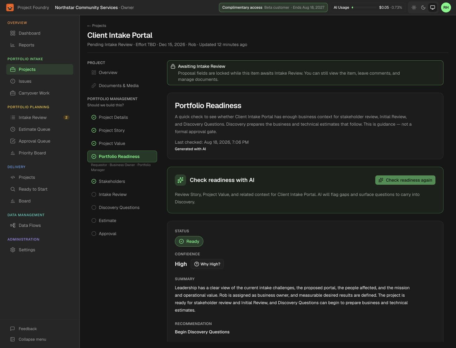 Precision Foundry portfolio readiness screen for a fictional Client Intake Portal project